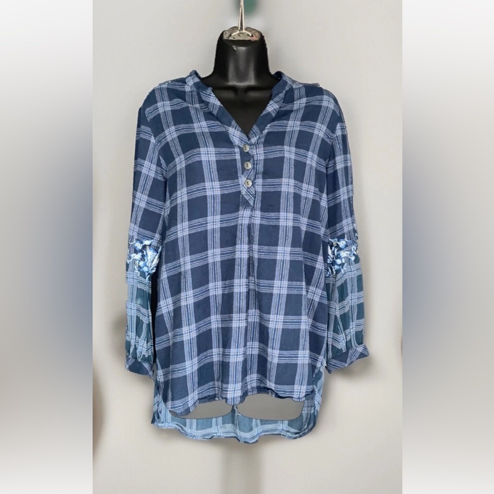Soft Surroundings Blue Plaid Button-Front Tunic with Embroidered Sleeves